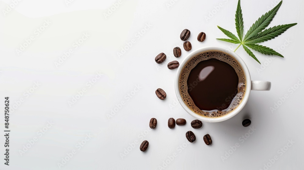 Fototapeta premium Isolated Cup of Coffee with Cannabis Leaf and Coffee Beans on White Background Top down Perspective Flat Lay Composition
