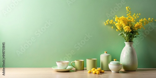 Minimal interior with pastel green vase and yellow flowers, sunlight on green wall © rattinan