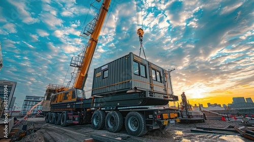 A crane truck transports mobile office buildings or container site offices to construction sites, assisting in the mobilization of projects