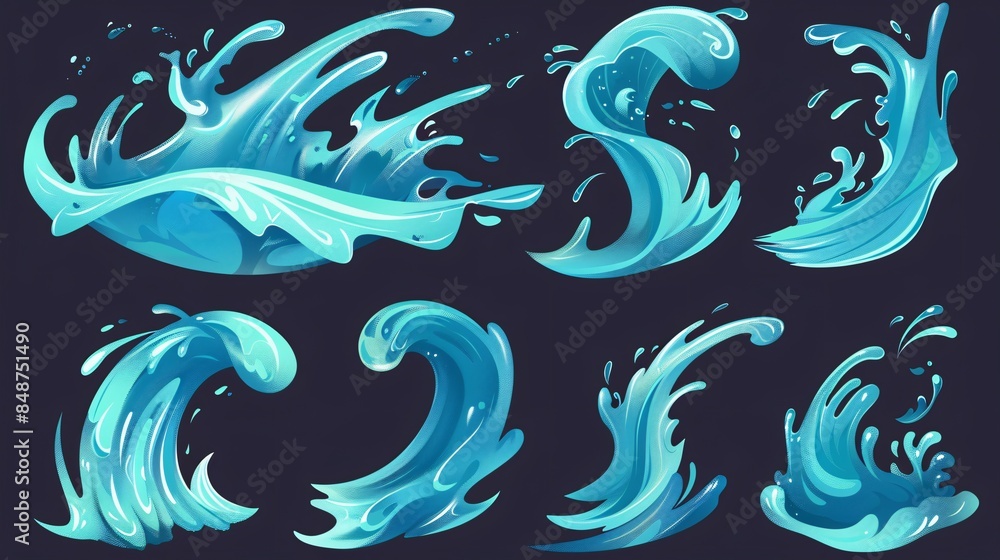 Collection of ocean wave splashes with aqua droplets and blue water movements, isolated on a cartoon background. Collection of ocean wave splashes with aqua droplets and blue water movements, isolated on a cartoon background.