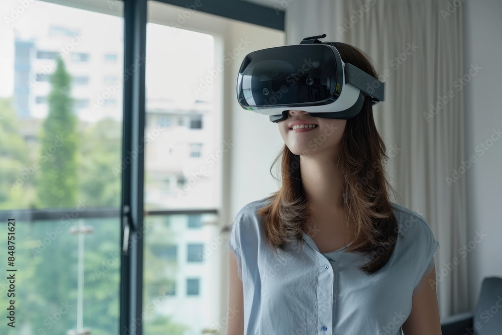 A young woman wearing augmented reality goggles inside a virtual apartment. A young woman looking at a property immersed in the digital world. A young woman wearing augmented reality goggles inside a virtual apartment. A young woman looking at a property immersed in the digital world.
