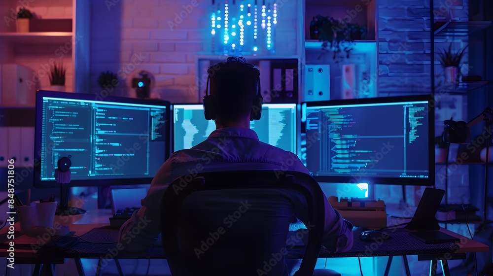 Fatigued Web Developer Coding Late at Night Under Blue Glow Fatigued Web Developer Coding Late at Night Under Blue Glow