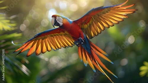 Vibrant Macaw Soaring Through Lush Tropical Jungle with Colorful Feathers Spread © Thares2020