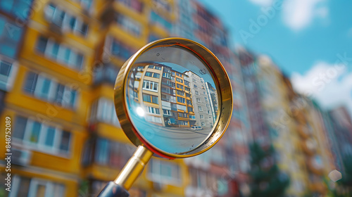 Searching new house for purchase. Rental housing market. Magnifying glass near residential building