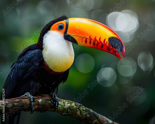 Colorful Toucan with Vibrant Feathers and Large Beak Perched on Branch in Lush Wildlife Backdrop photo