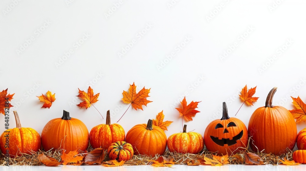 Halloween Themed Pumpkin Arrangement With Autumn Leaves On Hay Halloween Themed Pumpkin Arrangement With Autumn Leaves On Hay