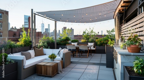 a sleek and minimalist rooftop terrace with a pristine white canvas pergola, providing shade for outdoor seating areas