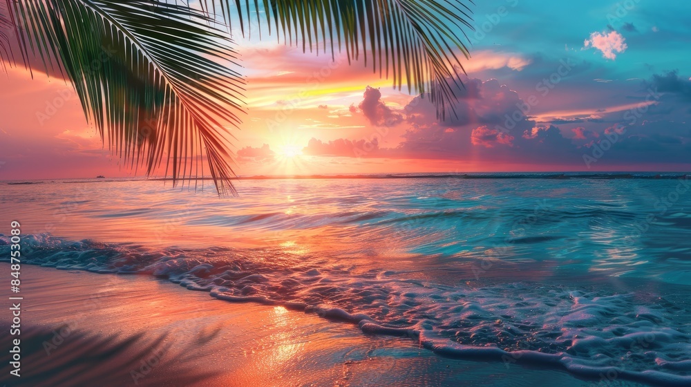 Fototapeta premium Panoramic sunset view of the beautiful coast, with turquoise sea next to fine sandy beaches and palm trees