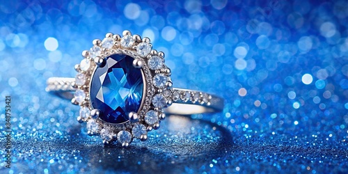 A stunning silver ring with blue sapphire gemstones and diamonds on a vibrant blue background , jewelry, accessory, fashion