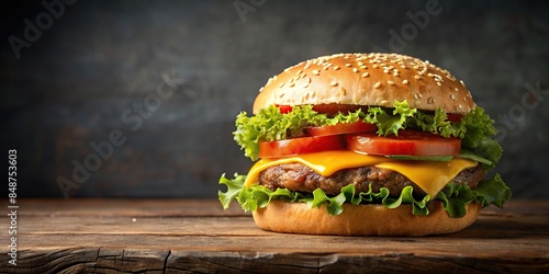 Juicy burger with melted cheese, lettuce, and tomatoes on a sesame seed bun , delicious, burger, fast food, meal, meat photo