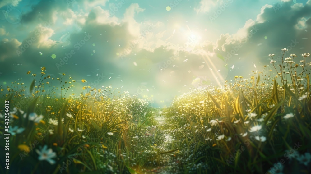 Symbolic Imagery of Blurry Images Sunlight Representation and Grass Flowers in a Dreamy Atmosphere Represent the Path to Happiness and Good Fortune Symbolic Imagery of Blurry Images Sunlight Representation and Grass Flowers in a Dreamy Atmosphere Represent the Path to Happiness and Good Fortune