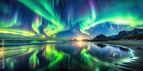 Surreal landscape of the Northern Lights dancing over a tranquil beach , Northern Lights, beach, surreal, dreamy