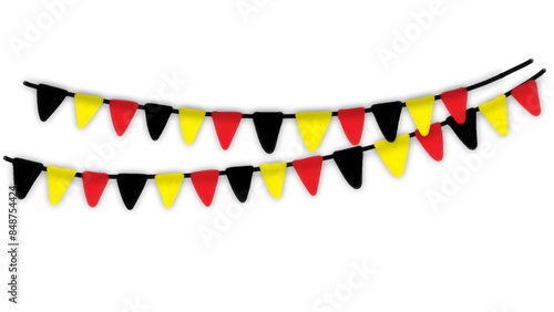 Two layers garland of tricolor Belgium flag doodle. Bunting decoration of Belgium flag in black, yellow, red triangle flag.