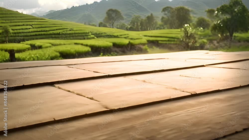 Wooden Tabletop Overlooking Green Tea Terraces Generative AI Wooden Tabletop Overlooking Green Tea Terraces Generative AI