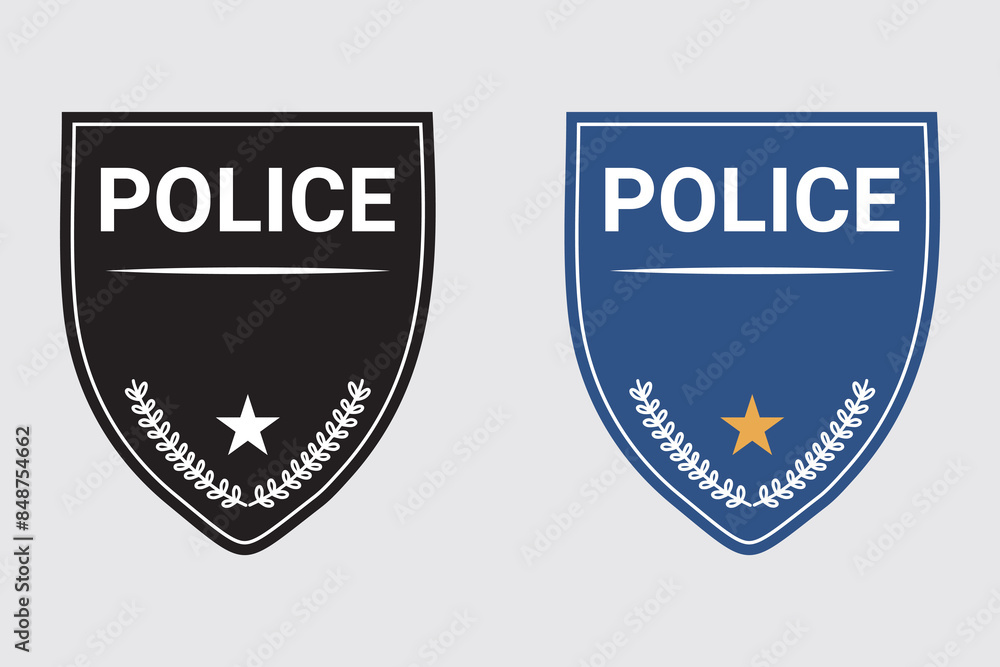 Fototapeta premium Police officer badge icon in flat style. Symbol of protection law order. Gold police token isolated on white background. Concept of law enforcement or justice. Vector illustration EPS 10.