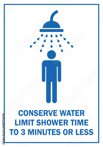 do not waste water, limit shower time 3 minutes only symbol,conserve water sign save water warning campagne