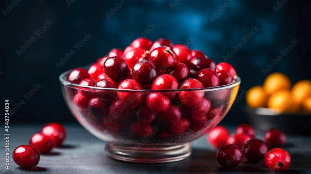 Tart and tangy cranberries in sleek glass fruit bowl Professional food photography, neon glowing lights in background, cinematic, ad promotional style Tart and tangy cranberries in sleek glass fruit bowl Professional food photography, neon glowing lights in background, cinematic, ad promotional style