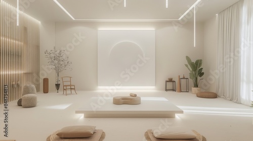 a sleek and minimalist yoga studio with a pristine white canvas serving as the focal point, surrounded by minimalist props and serene decor © Goeth