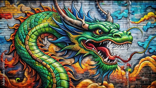Graffiti of a fierce dragon on a textured urban wall , urban, street art, mural, graffiti, dragon, mythical, creature