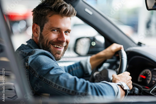 Smiling male customer examining the interior of a car he's considering purchasing at a dealership © Emanuel