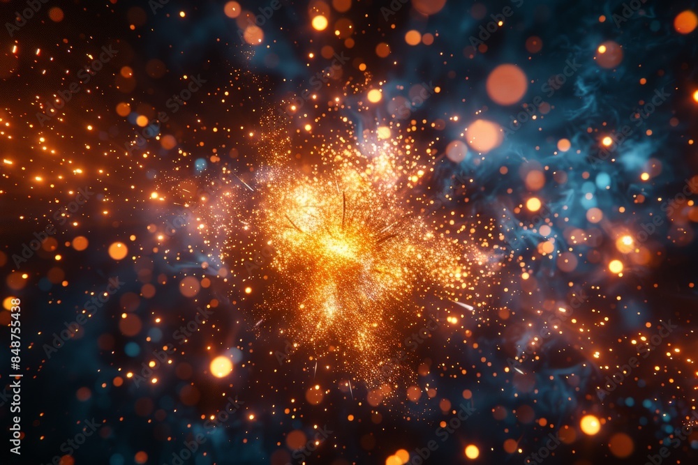 Obraz premium Vibrant Cosmic Explosion with Glowing Particles, Bright Orange Sparks, and Blue Nebula in Outer Space Fantasy Background