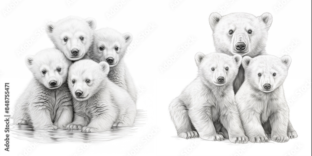 set clipart polar bear pencil drawing black and white illustration on ...