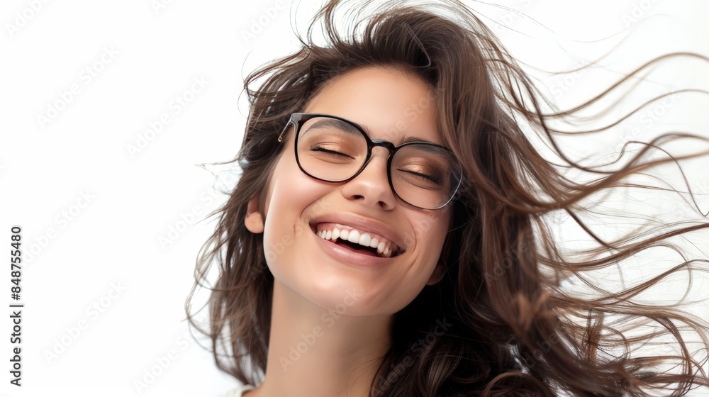 Fototapeta premium Young brunette woman over isolated white background with glasses and happy.