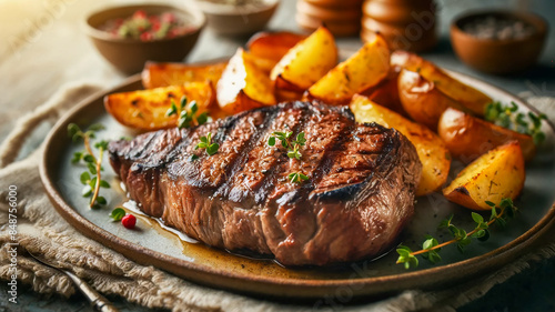 grilled beef steak served with potatoes. The steak is perfectly grilled