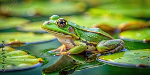 A close-up photo of a green frog sitting on a lily pad in a pond, amphibian, wildlife, nature, green, water, slimy, animal © mahat