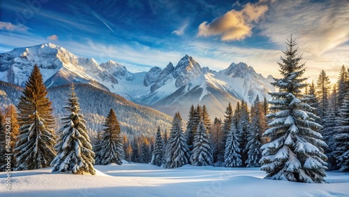 Winter landscape with snow-capped mountains and pine trees, snow, landscape, winter, cold, nature, trees, mountains, white, peaceful