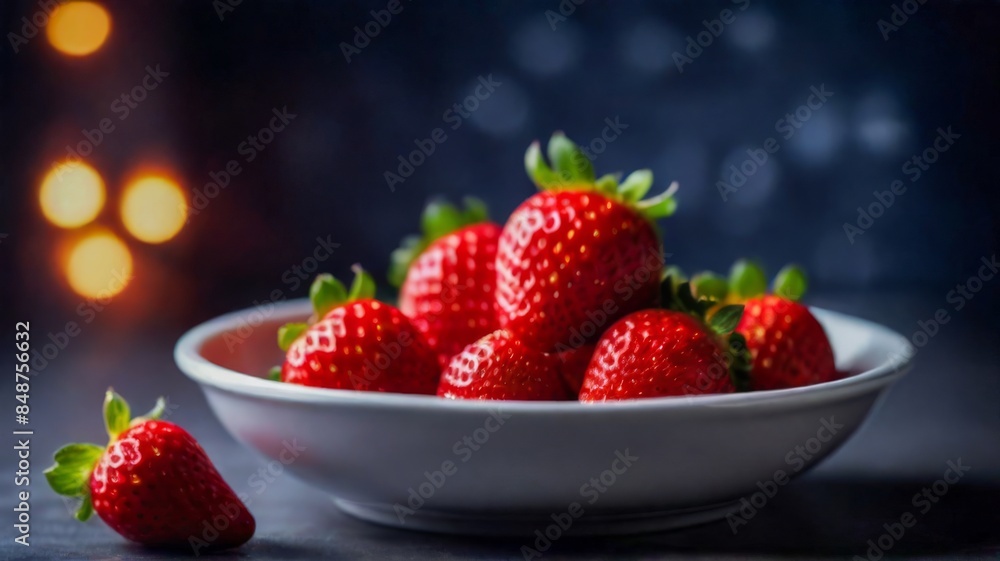 Strawberries in a porcelain dish Professional food photography, neon glowing lights in background, cinematic, ad promotional style Strawberries in a porcelain dish Professional food photography, neon glowing lights in background, cinematic, ad promotional style