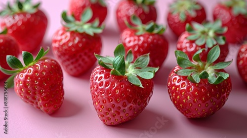 Composition with ripe red strawberries on light pink background