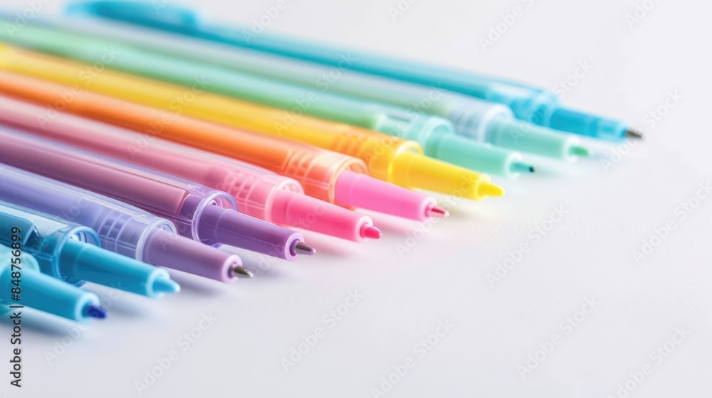 Colorful gel pens on white background desk mockup for various purposes Colorful gel pens on white background desk mockup for various purposes