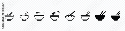 bowl and chopstick vector icon set. Rice bowl food restaurant icon, Soup Bowl icon set. hot curry bowl vector symbol. Noodles icon with chopsticks, bowl of noodle or soup with chopstick 