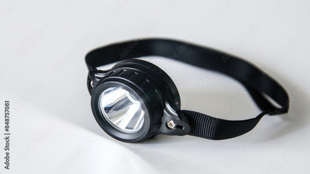 Battery powered headlamp with LED bulb and elastic band on white background Battery powered headlamp with LED bulb and elastic band on white background