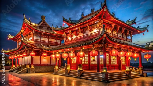 Chinese temple illuminated at night with traditional red lanterns and intricate architecture , China, traditional