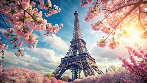Abstract visualization of the Eiffel Tower surrounded by daytime cherry blossoms, Paris