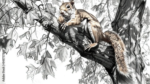  A picture of a squirrel perched on a tree limb, with its head resting atop another squirrel and its paw planted firmly on the ground