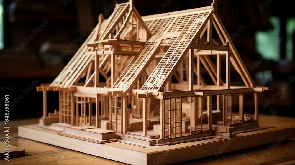 Fototapeta premium Construction of a wooden house according to architect's drawings. Frame of a wooden building. Construction of a house from wooden beams. Frame model of a wooden house