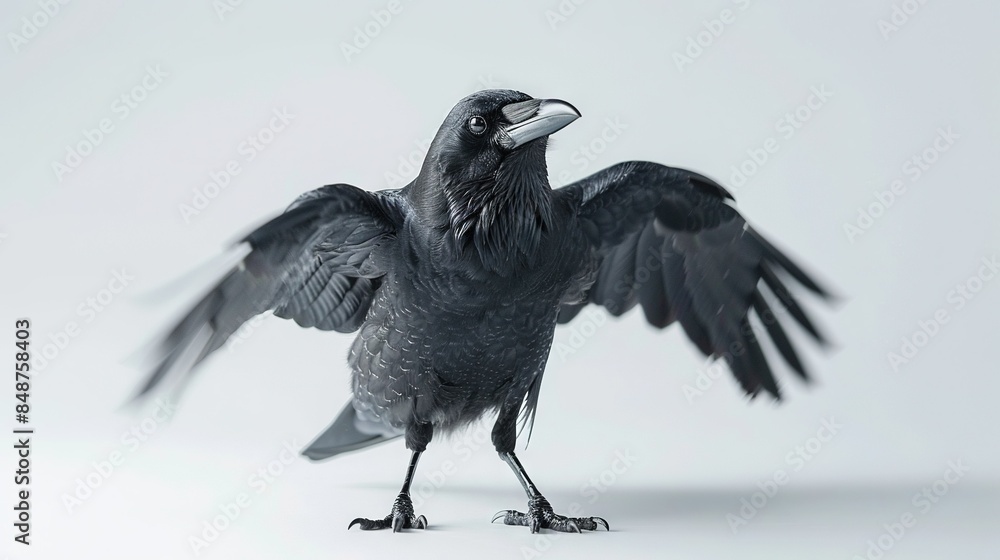 Fototapeta premium A black bird with wings spread wide, on a white background