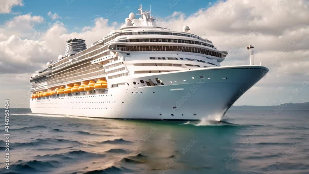 White Cruise Ship Sailing Across Tranquil Blue Ocean On Sunny Day White Cruise Ship Sailing Across Tranquil Blue Ocean On Sunny Day