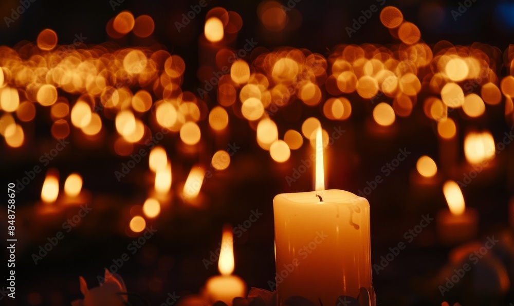 lit candle with blurred candles in background lit candle with blurred candles in background