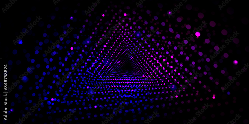 Fototapeta premium Neon glow dots in form of triangular tunnel of blue and purple gradient color on black background. Realistic 3d vector illustration of abstract futuristic geometric triangle shape bg go to infinity.