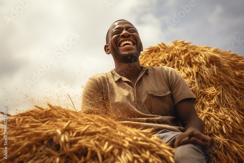 Happy African man sitting on a pile of grain, wheat, rye. The peasant rejoices at the grain harvest, bread. Solving the problem of hunger.