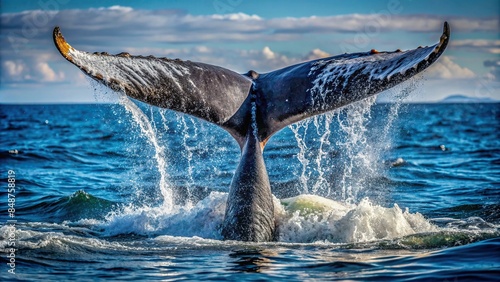 Whale tail gracefully emerges from the water surface , whale, tail, ocean, mammal, wildlife, marine, water, surface, majestic
