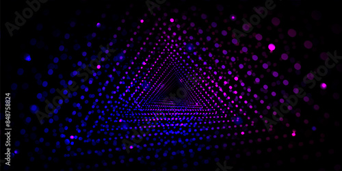 Neon glow dots in form of triangular tunnel of blue and purple gradient color on black background. Realistic 3d vector illustration of abstract futuristic geometric triangle shape bg go to infinity.