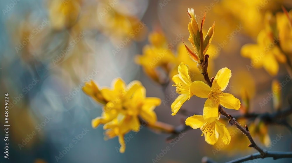 Close up image of a forsythia bloom detailed view against a blurred background Close up image of a forsythia bloom detailed view against a blurred background