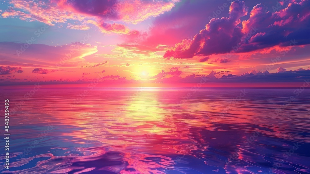 Fototapeta premium An image of a vibrant sunset over a serene lake, with colorful reflections shimmering on the water.