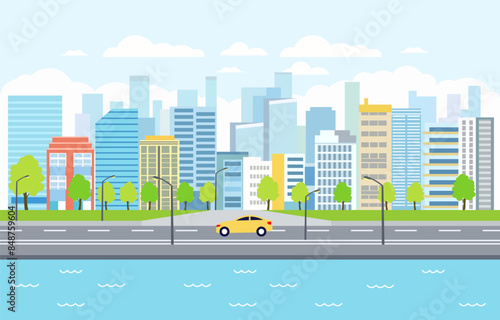 Flat Design Illustration of Cityscape Building with Lake River and Car in Road Traffic on Sunny Day