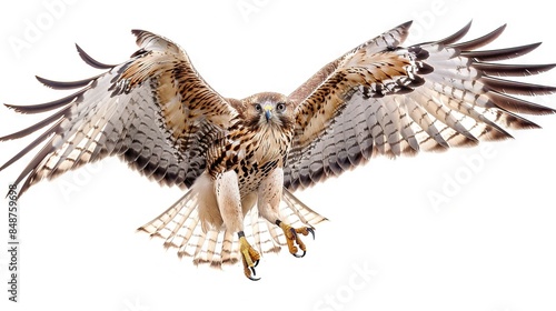   Close-up of bird of prey with wings open and extended talons against white background